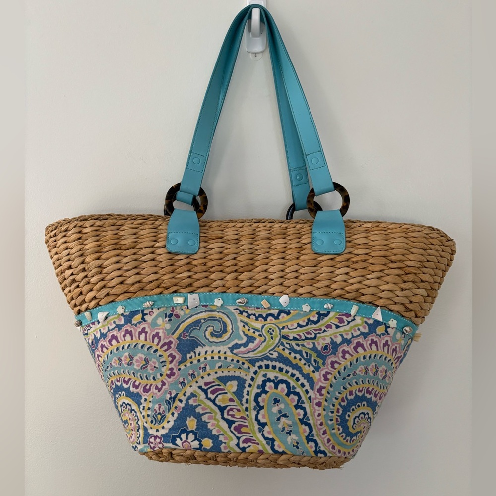 Lilly Pulitzer Straw Tote Bag in Capri Blue Beach Shells